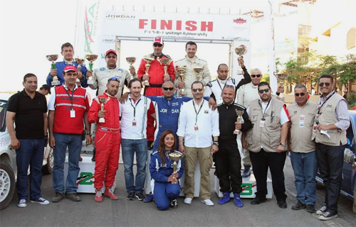 Winners and administrative officials on the podium of the Jordan Rally Championship ‘Samarah Rally’ at the Dead Sea area on Friday (Photo courtesy of Jordan Motorsport)